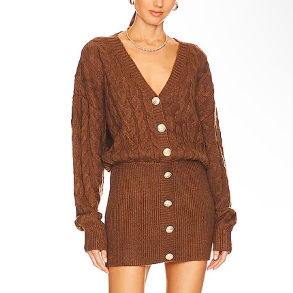 New Retrofete Tala sweater dress brown knit mini tunic gold buttons Revolve Xl